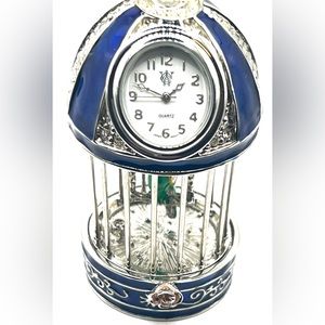 Quartz Royal Blue&Silver Enamel Birdcage Mini Clock-Green Bird on Swing Inside